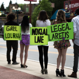 description: a group of individuals engaged in a peaceful protest, holding signs advocating for the legalization of marijuana. the image captures a diverse group of people, reflecting the widespread support and interest in this topic.