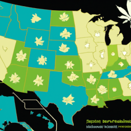 Description: A map of the United States with highlighted states that have legalized recreational marijuana use.