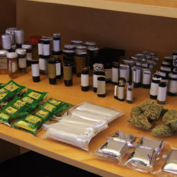 description: an anonymous image showing a variety of marijuana products displayed on a shelf in a store, including edibles, oils, and pre-rolled joints.