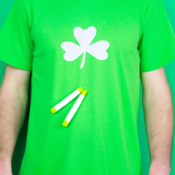 Description: An anonymous image of a person holding a joint and wearing a green t-shirt, standing in front of a green background with shamrocks.