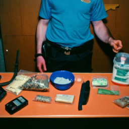description: an anonymous image showing a police officer investigating a drug den with various drug paraphernalia and a stash of drugs.