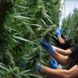 description: an image of a group of workers in a cannabis cultivation facility, tending to the plants. the focus is on their hands as they carefully trim the leaves. the image captures the dedication and precision required in the industry.