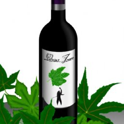 description: an image of a bottle of wine with a green cannabis leaf on the label, surrounded by grapes and other foliage.