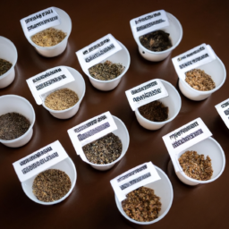 description: an anonymous image of a variety of cannabis seeds displayed in small containers on a table. each container is labeled with the strain name and genetic information, showcasing the diverse options available to home growers.