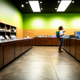 description: a brightly lit dispensary showcasing various cannabis products on shelves, with a customer browsing through different strains. the atmosphere is modern and welcoming, with a focus on education and customer service.