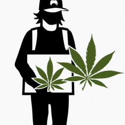 Description: A nondescript delivery person holding a package with a cannabis leaf symbol.