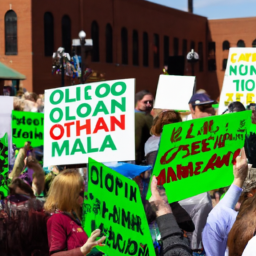 description: an anonymous image depicting a group of people holding signs advocating for the legalization of recreational marijuana in ohio. the image shows a diverse crowd with colorful signs and banners, conveying the enthusiasm and support for legal weed in the state.