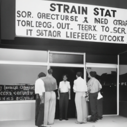 description: a photo of the exterior of strain stars, with a large sign reading "open" above the entrance. there are several people standing outside, some of whom are smoking. the dispensary is located in a busy commercial area with other businesses nearby.