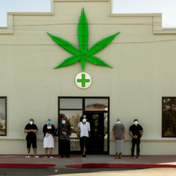 Description: A group of individuals standing outside a medical marijuana dispensary. The dispensary has a large green cross on the front of the building and is surrounded by a parking lot. The individuals are all wearing masks and practicing social distancing.