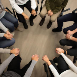 description: a photo of a group of people sitting in a circle, with their hands joined in support. the photo is taken from above, and the individuals are not visible.