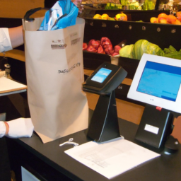 description: an image of a modern checkout device with a customer placing items in a bag while the device scans them and processes payment automatically. the device has a screen that displays the total amount charged and the customer's account balance. there are no cashiers visible in the image.
