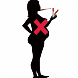 description: a silhouette of a pregnant woman holding a cigarette and a joint in each hand, with a red x over both.