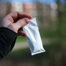 description: a person holding a small baggie of white powder in their hand, with blurred out surroundings in the background.