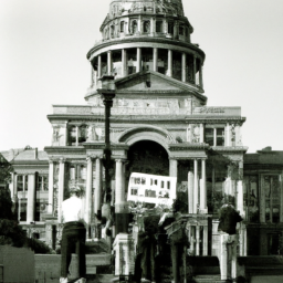 Description: An anonymous photo of the Texas Capitol building with a group of people standing in front with signs, demonstrating in support of the bill to decriminalize marijuana possession.