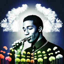 description: a well-known figure in the music industry is pictured with a serene expression, surrounded by smoke-like clouds.