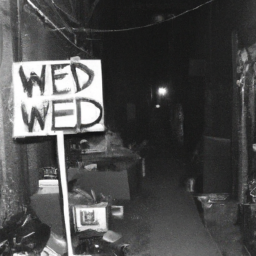 description: a dark alley with a flickering neon sign that reads "weed for sale" in bold green letters. a shadowy figure is seen approaching the sign, looking around nervously. the alley is littered with trash and graffiti, and there are no visible lights or windows. the image suggests the dangers and uncertainties of buying cannabis from illegal sources, as well as the lack of transparency and accountability in the underground market.