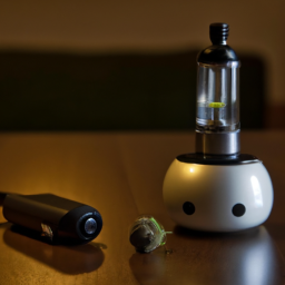 description: an image of a small ball-shaped vaporizer with a green led light on the top. the device is sitting on a table with a few pieces of ground cannabis next to it.