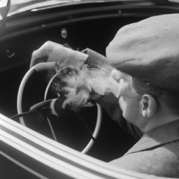 description: an anonymous image shows a man sitting in a vintage car, with smoke rising from a rolled-up cigarette in his hand.