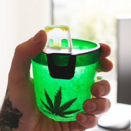 An image of a person holding an innovative cup holder device with a cannabis-infused drink inside.