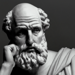 Description: A black and white portrait of Socrates with a thoughtful expression on his face.