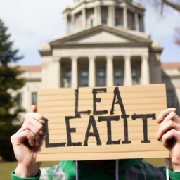 description: an anonymous person holding a sign that reads "legalize it" in front of a state capitol building.