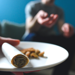description: an anonymous image of a person holding a rolled joint with a plate of snacks in the background.