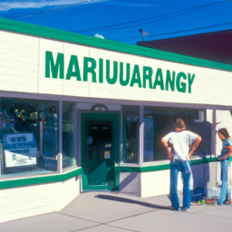 description: a photo of a dispensary with a large "marijuana" sign on the front. the exterior of the building is brightly lit and appears welcoming. there are several people standing outside, indicating that the dispensary is a popular destination.
