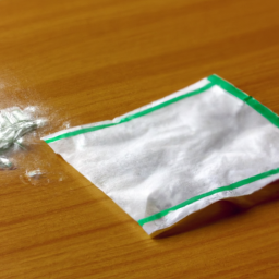an image of a small baggie containing what appears to be marijuana and a white powdery substance is displayed on a table. the baggie is open, and some of the contents have spilled out onto the table. there is no identifiable branding or labeling on the baggie.