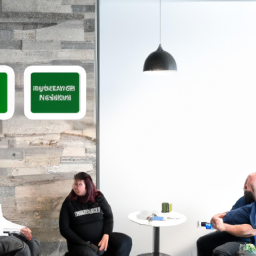description: an image depicting a group of professionals in a modern office setting, discussing workplace policies and marijuana legalization.