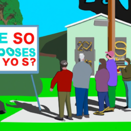 An illustration of a group of people standing outside a polling station, holding signs that say "Vote Yes on State Question 820".