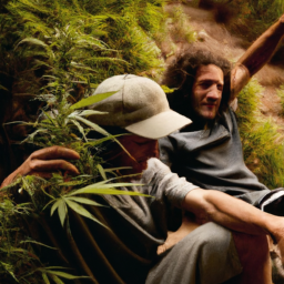 Description: Dos trabajadores de la marihuana que se consuelan el uno al otro durante un descanso en una plantación de cannabis en Estados Unidos.