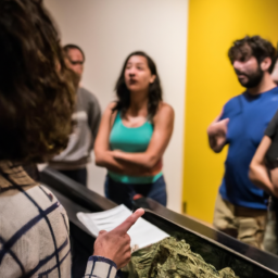 description: an image showing a group of people in a dispensary, examining different strains of marijuana products.