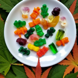 description: a colorful assortment of cannabis-infused gummies neatly arranged on a plate with a backdrop of lush green leaves.