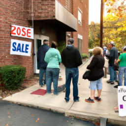 A group of people standing in line outside of a polling station on election day, with a sign in the background reading “Vote Yes on SQ 820”.