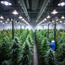 description: an anonymous image showcasing a cannabis cultivation facility with rows of healthy cannabis plants under grow lights. the facility is clean and organized, with workers carefully tending to the plants. the image highlights the professional environment and the importance of skilled labor in the cannabis cultivation industry.