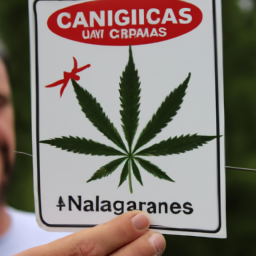 Description: A photo of a person holding a cannabis leaf with a warning sign in the background.