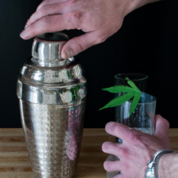 An image of a person mixing a cocktail in a shaker, with a marijuana leaf as a garnish.