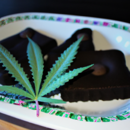 description: A plate of cannabis-infused brownies with a marijuana leaf garnish.