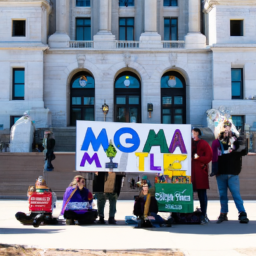 an image of a group of people standing outside the minnesota state capitol building, holding signs advocating for the legalization of marijuana. some signs read “legalize it” and “tax and regulate.”