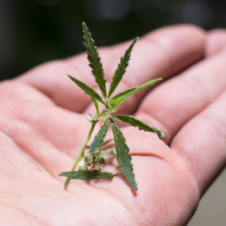 a person's hand holding a small marijuana plant with two leaves.