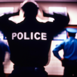 description: an image shows a blurred silhouette of a man with his hands behind his back, suggesting arrest. the background appears to be a police station with various officers bustling around.