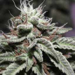 description: an anonymous image of a cannabis plant with dense, resinous buds covered in trichomes. the plant has green leaves and stems, and the buds have a sticky, oily feel.