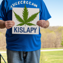 A person wearing a Kentucky shirt holding a sign that reads "Support Legal Cannabis in Kentucky".