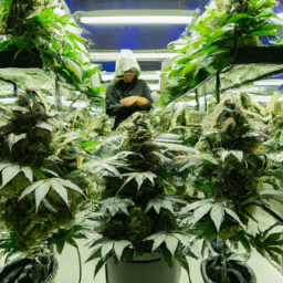 description: a person is shown in a grow room, surrounded by healthy cannabis plants. the plants are tall and bushy, with large buds covered in trichomes. the grow room is equipped with grow lights, fans, and a humidifier.