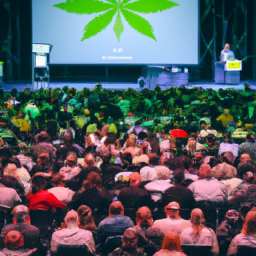 description: a group of people of various ages and ethnicities are gathered at a conference in a large hall. they are all dressed in business attire and are listening intently to a speaker on stage. the stage is adorned with banners and posters promoting the cannabis industry.