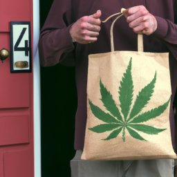 description: a person holding a brown paper bag with a green marijuana leaf symbol on it, standing in front of a house with a "420" sign on the door.