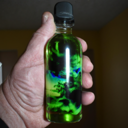 A person holding a bottle of liquid marijuana in their hand.