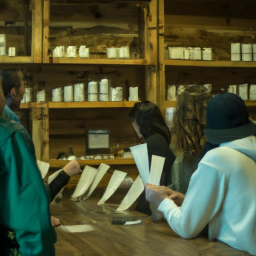 description: an anonymous image showing a group of people in a cannabis dispensary looking at different marijuana products on display.