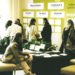 description (anonymous): a group of young adults in a brightly lit room, sitting on chairs and sofas, holding folders and resumes, and talking to representatives of different cannabis companies who are standing behind tables with banners and brochures. there are posters on the walls promoting cannabis events and products, and a sign at the entrance that says "cannabis career fair". the atmosphere is friendly and upbeat, and there is a sense of excitement and possibility in the air.