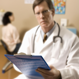 Description: A picture of a doctor holding a clipboard, with a person in the background sitting in a doctor's office.